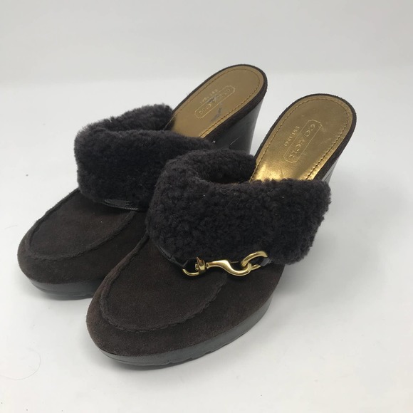 Coach Idyle Brown Suede Shearling Faux Fur Brass Trim Mules Sz 7.5 - Picture 2 of 10